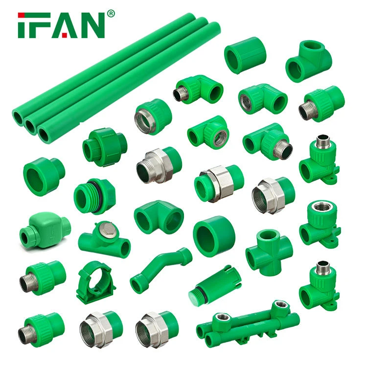 Gamme de tuyaux et raccords PPR IFAN comprenant des tuyaux simples et composites fibres de verre avec coudes, tés, vannes et adaptateurs